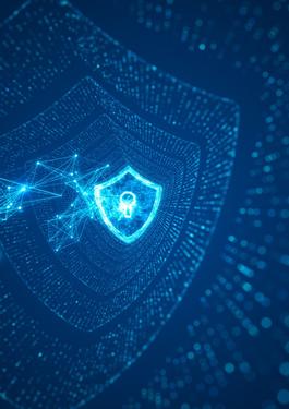 A security badge made up of blue electrical looking lines