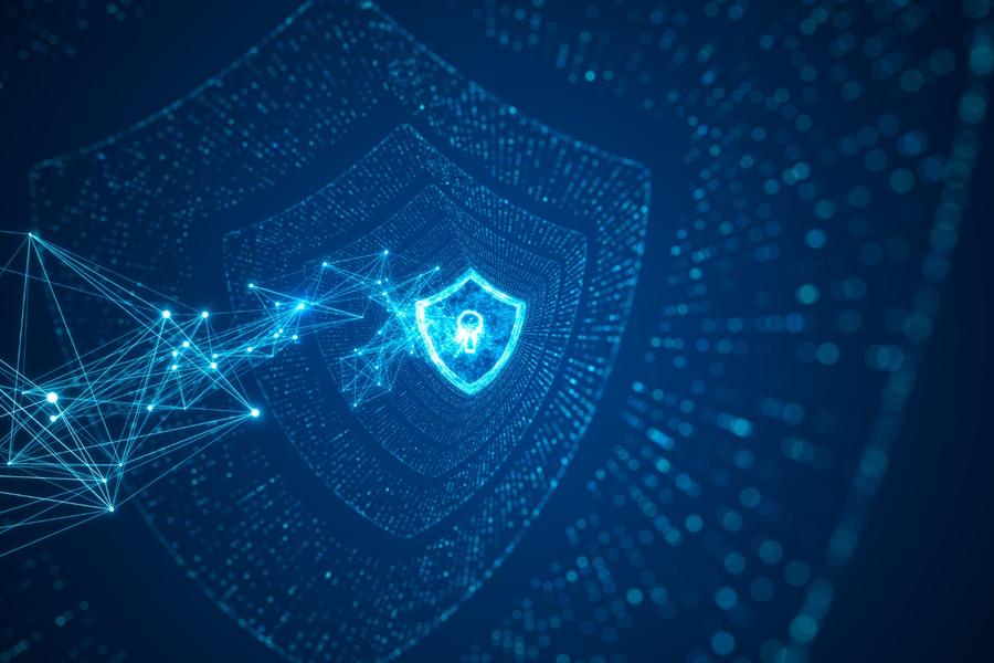 A security badge made up of blue electrical looking lines