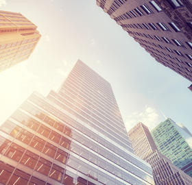 Ground view shot of skyscrapers, designed to demonstrate city scope