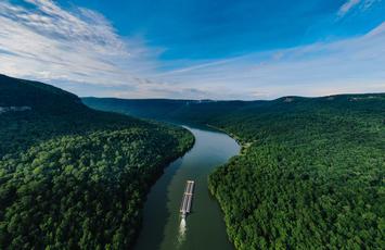 BOAT TRAVELING DOWN RIVER BETWEEN TWO FORESTS
