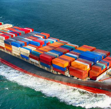 Ship with containers moving on water